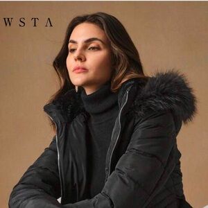 Black puffer jacket, medium length, detachable hood